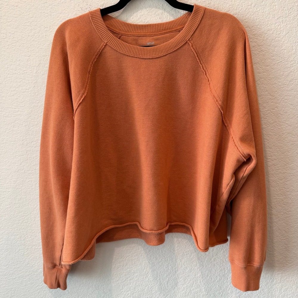 Aerie Women XL Orange Cropped Crewneck Sweatshirt Raglan Raw Hem Pullover